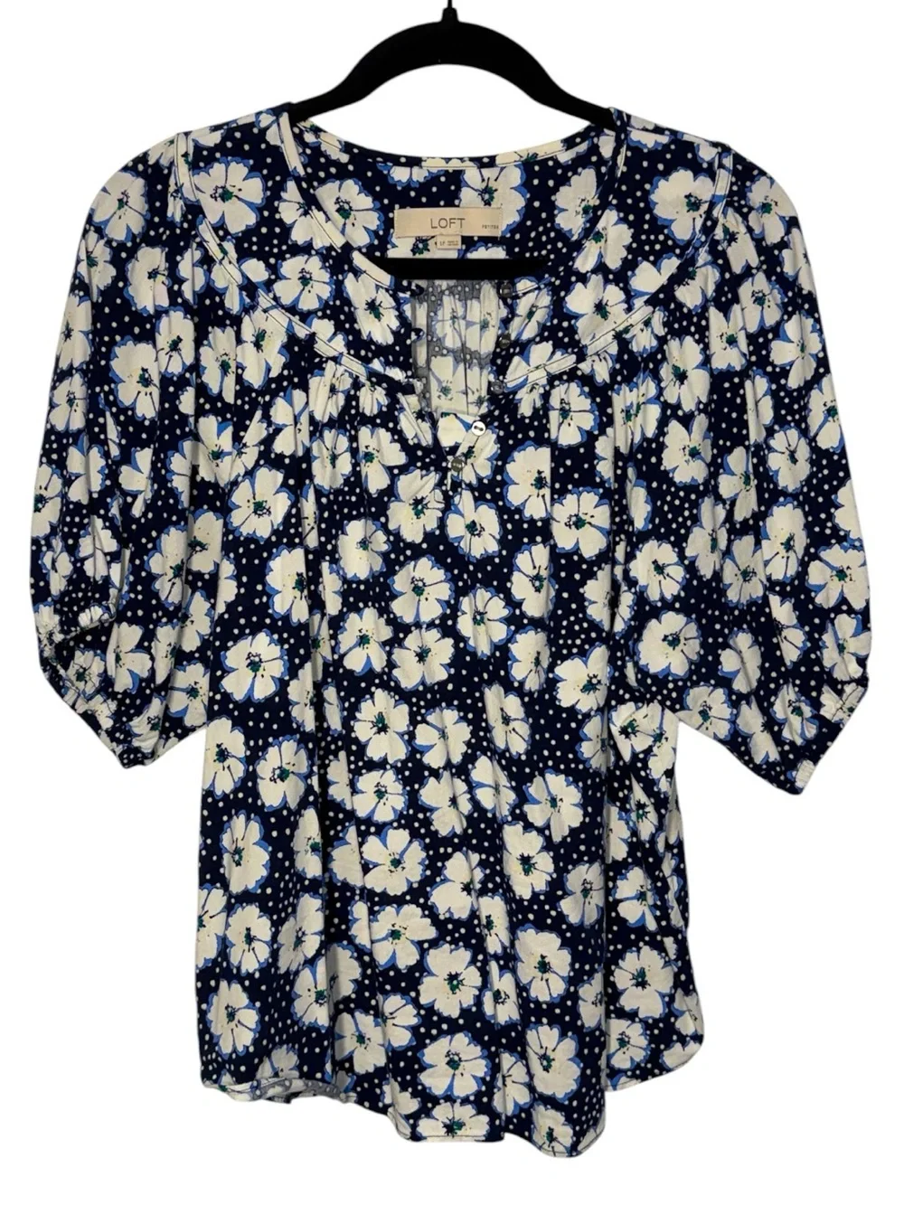 Size LP LOFT Navy White Light Blue Polka Dots Flower Short Sleeve Peasant Top